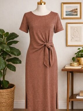 Meloday Nordstrom NWT Brown Knit Midi Dress Side Tie Slit Stretch Tee Dress